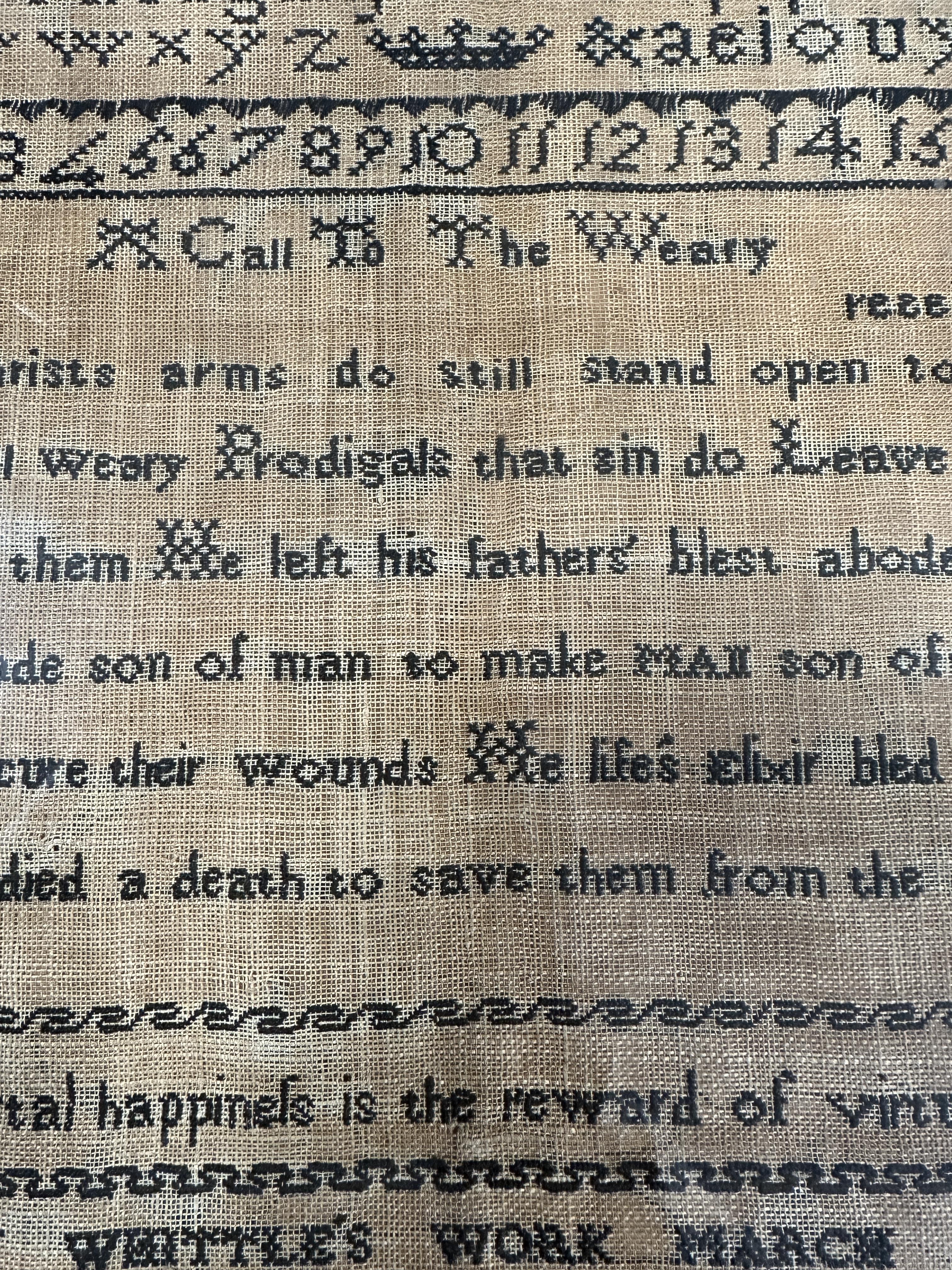 Three early 19thC cross stitch samplers to include times table Mary Whittle’s work 1816, 32cm x - Image 6 of 11