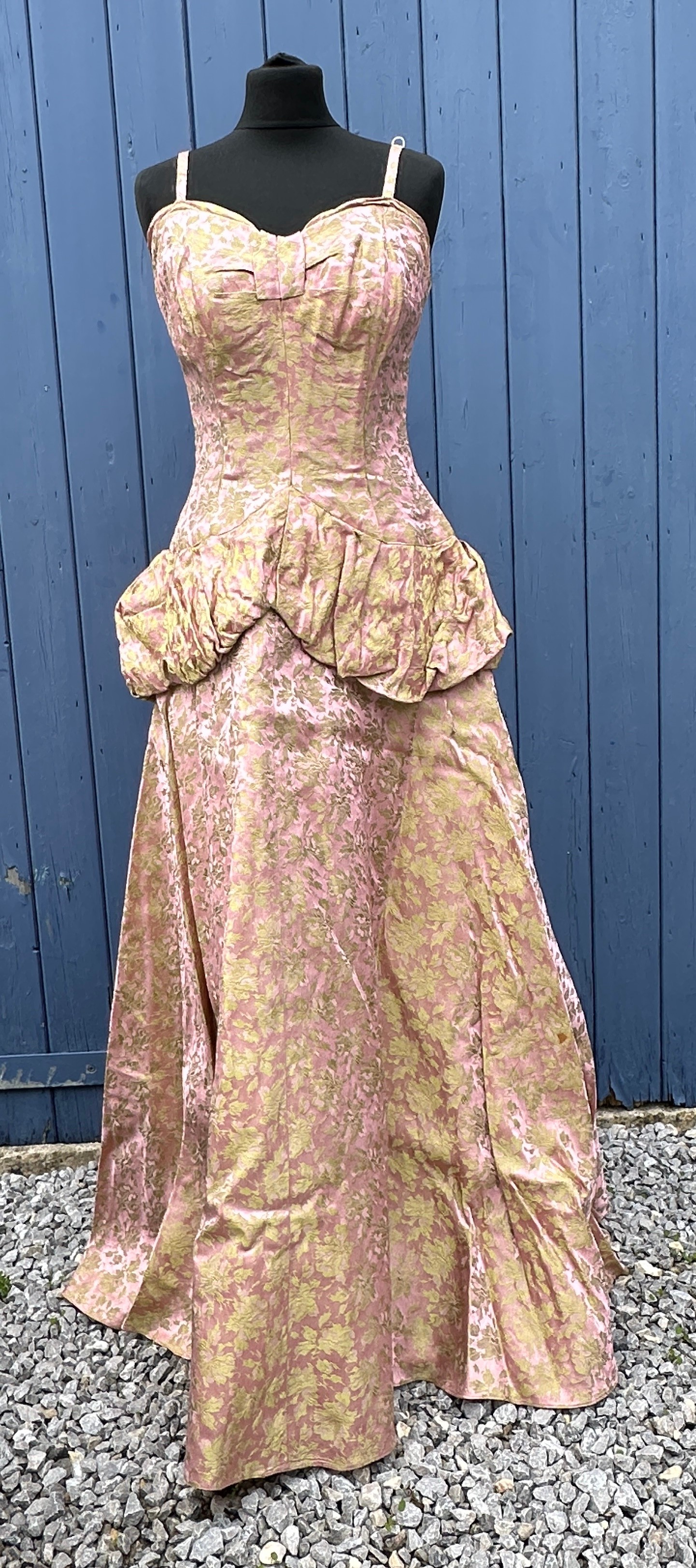 A 1950's Chafil, London full length pink and green demask dress, sleeveless with boned bodice, lined - Image 2 of 9