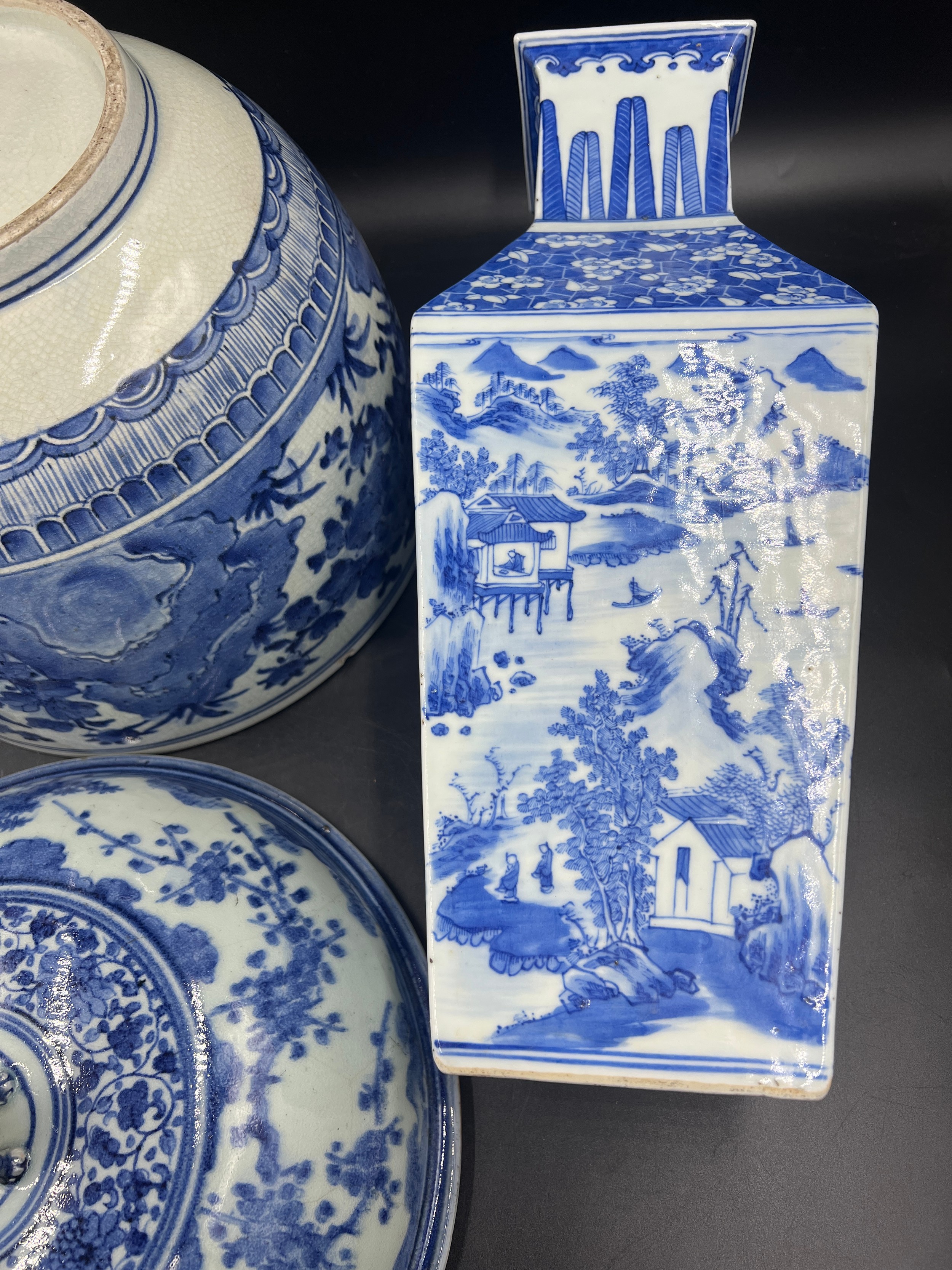Chinese ceramics to include a large lidded blue and white bowl with foo dog finial and old stapled - Image 6 of 7