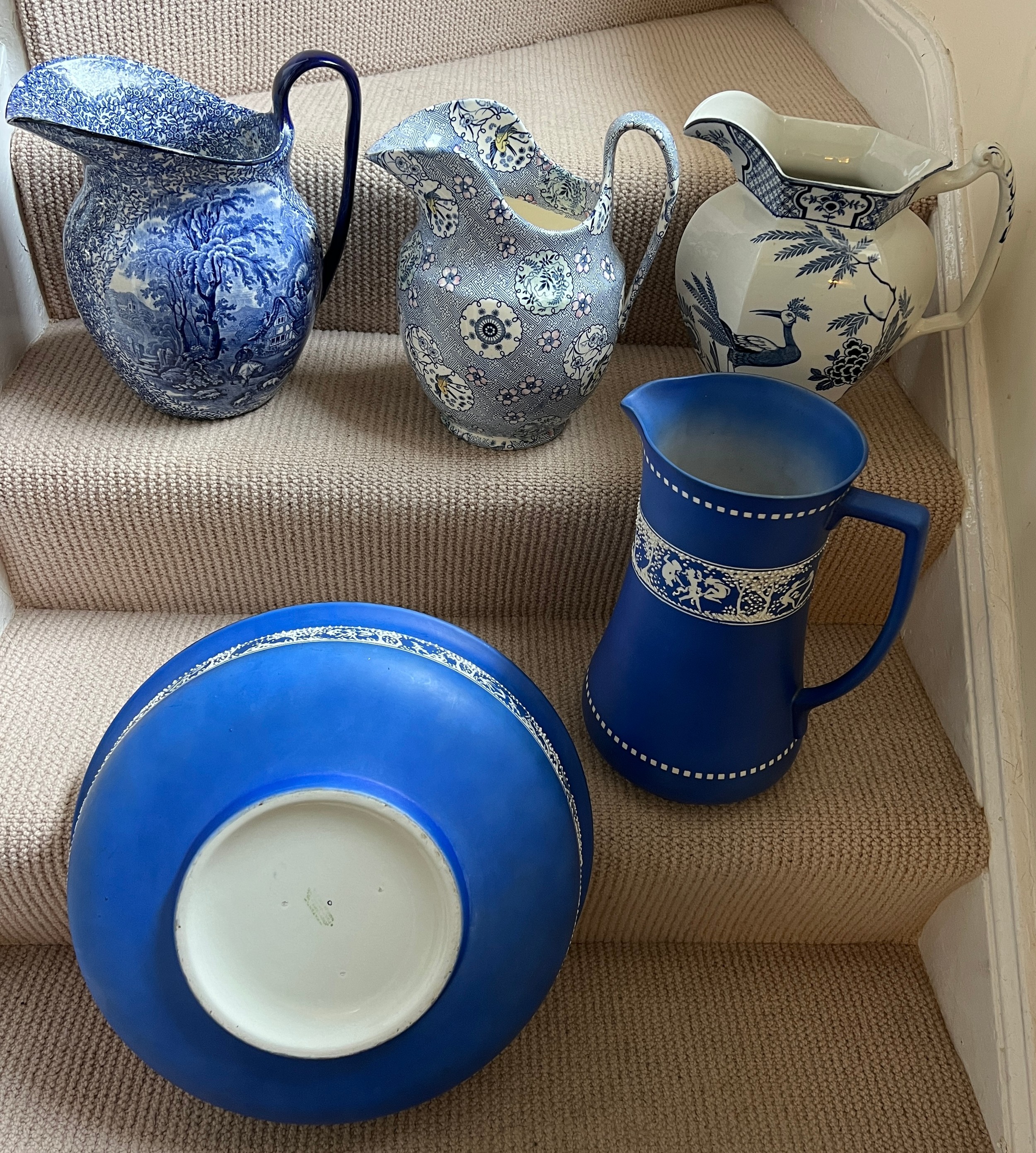 Late 19th and early 20thC toilet jugs and a jug and bowl to include Sylvan jasper, J Kent, Mintons