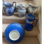 Late 19th and early 20thC toilet jugs and a jug and bowl to include Sylvan jasper, J Kent, Mintons