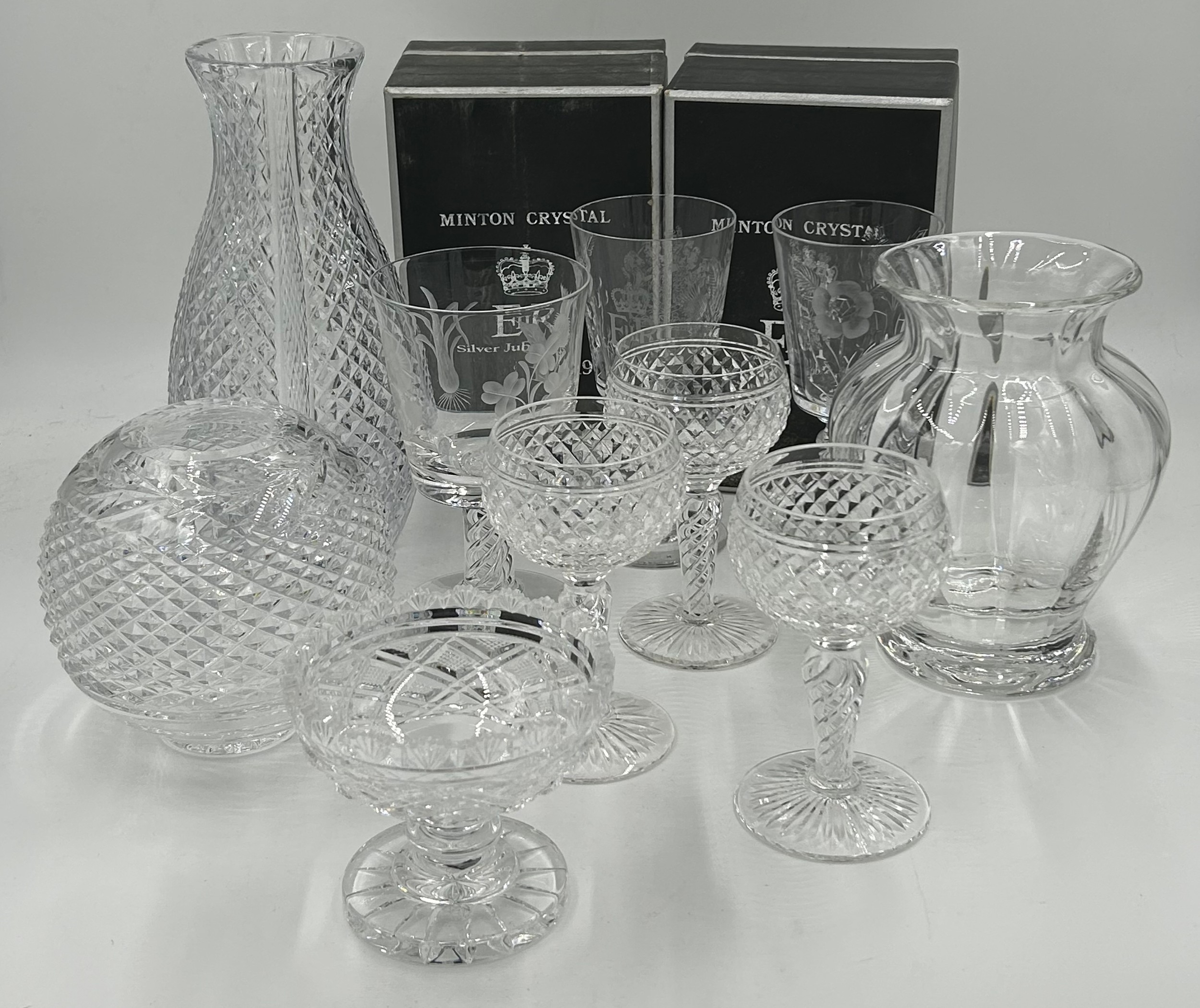 A selection of good quality glass ware to include a Waterford round vase 15cm h, a heavy Waterford