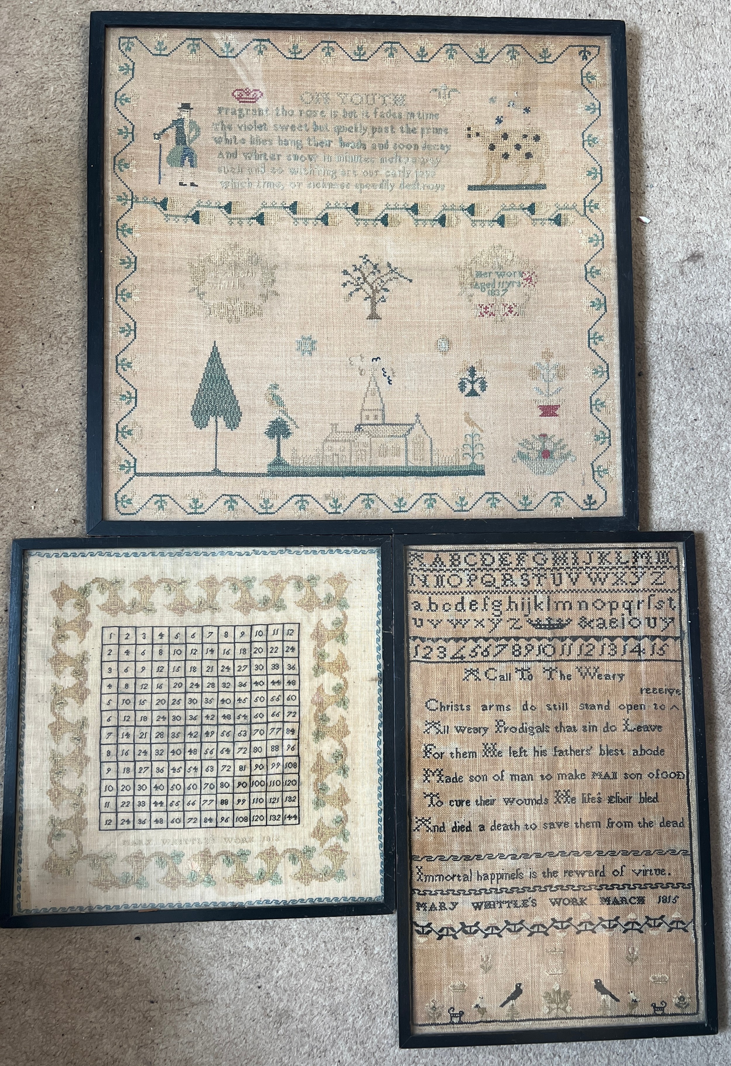 Three early 19thC cross stitch samplers to include times table Mary Whittle’s work 1816, 32cm x