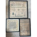 Three early 19thC cross stitch samplers to include times table Mary Whittle’s work 1816, 32cm x