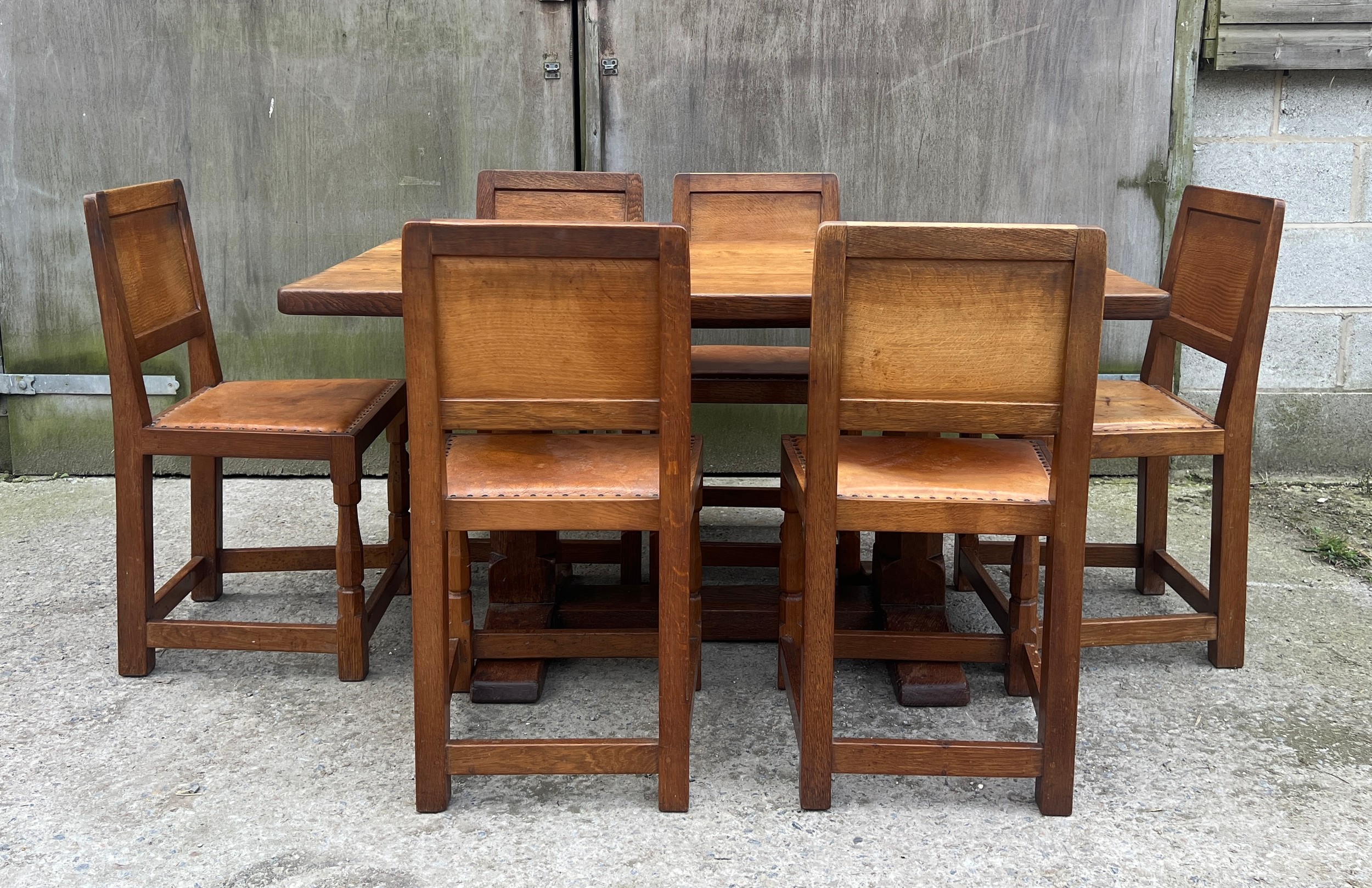 A Robert Thompson ‘Mouseman’ adzed oak dining table and six chairs given by Robert to his daughter - Image 13 of 44
