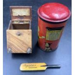 Rowntree's - miniature bat Rowntree Cachous tin, Rowntree's wooden match holder in the shape of a