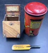 Rowntree's - miniature bat Rowntree Cachous tin, Rowntree's wooden match holder in the shape of a