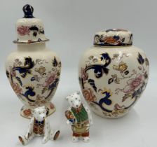 A selection of ceramic's to include Two Masons jars, one a ginger jar and two Royal Crown Derby
