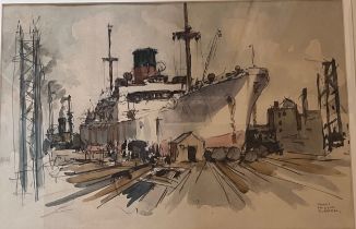 Harry Hudson Rodmell (British 1896-1984) Watercolour ship in dock, signed lower right. 34cm x 51cm