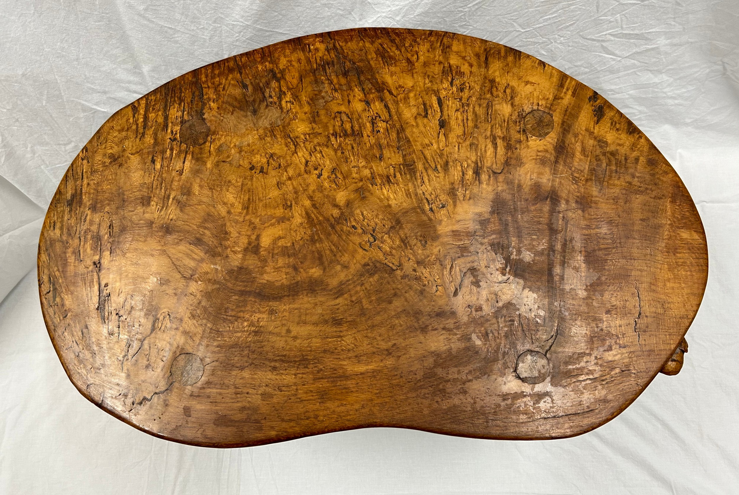 A Robert Thompson, ‘Mouseman’ kidney shaped burr oak table on four octagonal legs with signature - Image 3 of 29