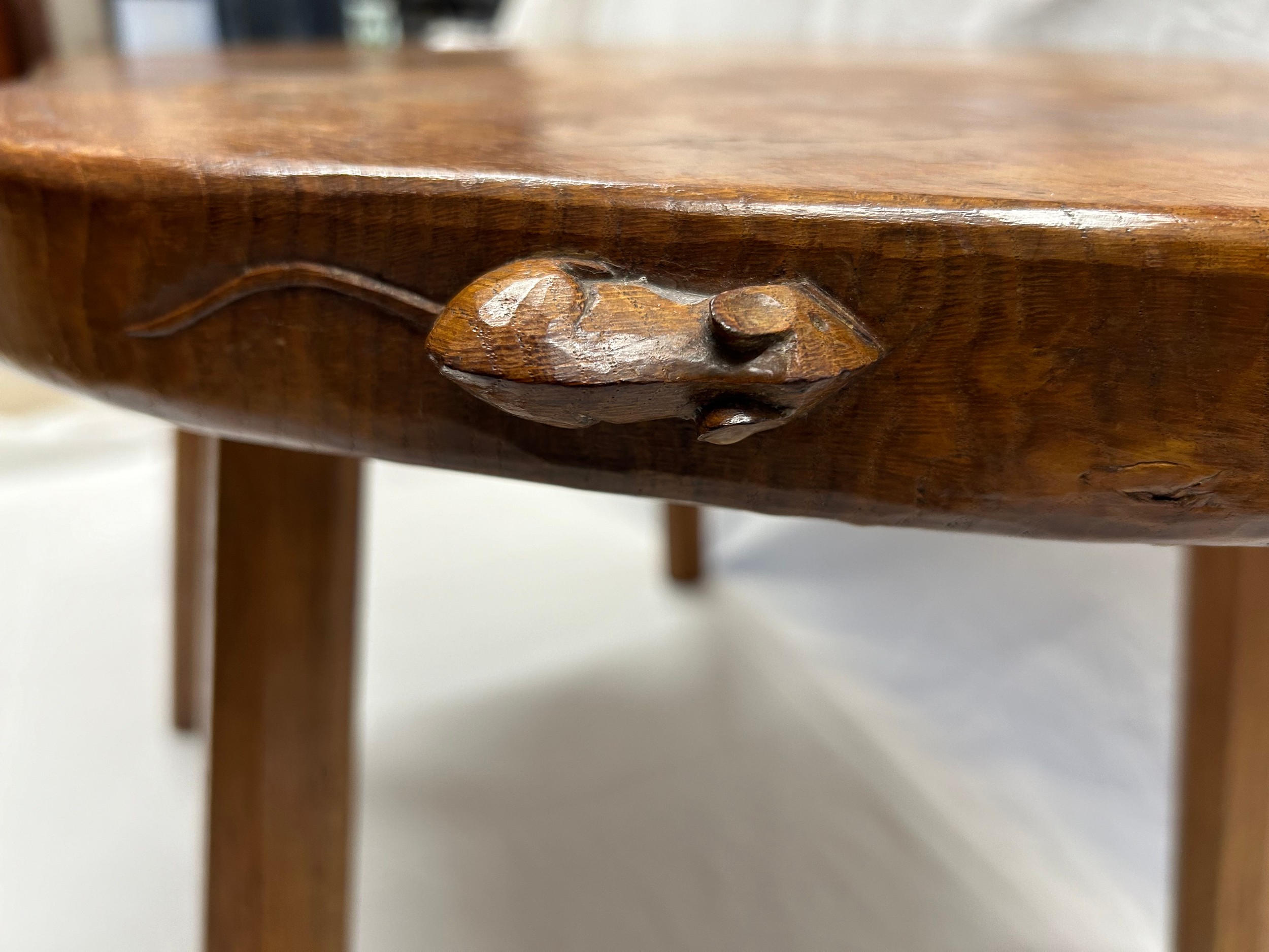 A Robert Thompson, ‘Mouseman’ kidney shaped burr oak table on four octagonal legs with signature - Image 5 of 29