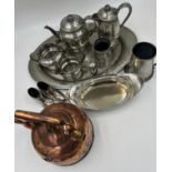 A quantity of silverplate, copper and pewter items to include a Roundhead pewter tray and