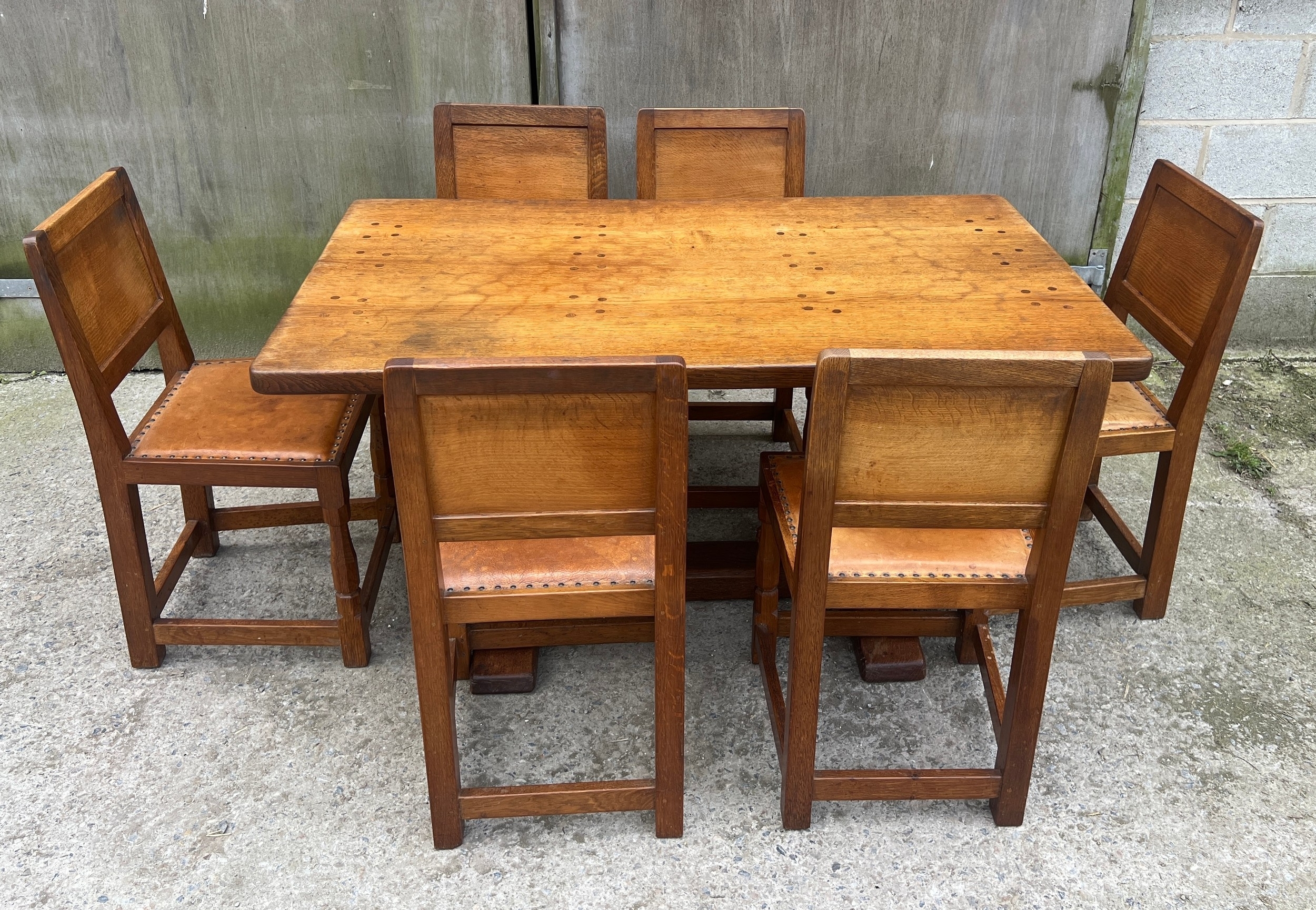 A Robert Thompson ‘Mouseman’ adzed oak dining table and six chairs given by Robert to his daughter - Image 4 of 44