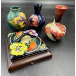 Collection of 3 Moorcroft miniature vases tallest approx 11cm h, two with stickers, along with a