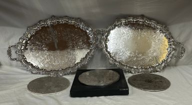 Collection of Two large good quality silver plated trays with engraving and scallop edging with