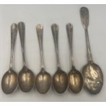 Six silver teaspoons, five rat tailed Chester 1906 and one single spoon. Total weight 79gm.