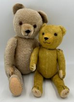 Two vintage jointed teddy bears. Largest with growler approx. 61cm l, smallest 45cm l.