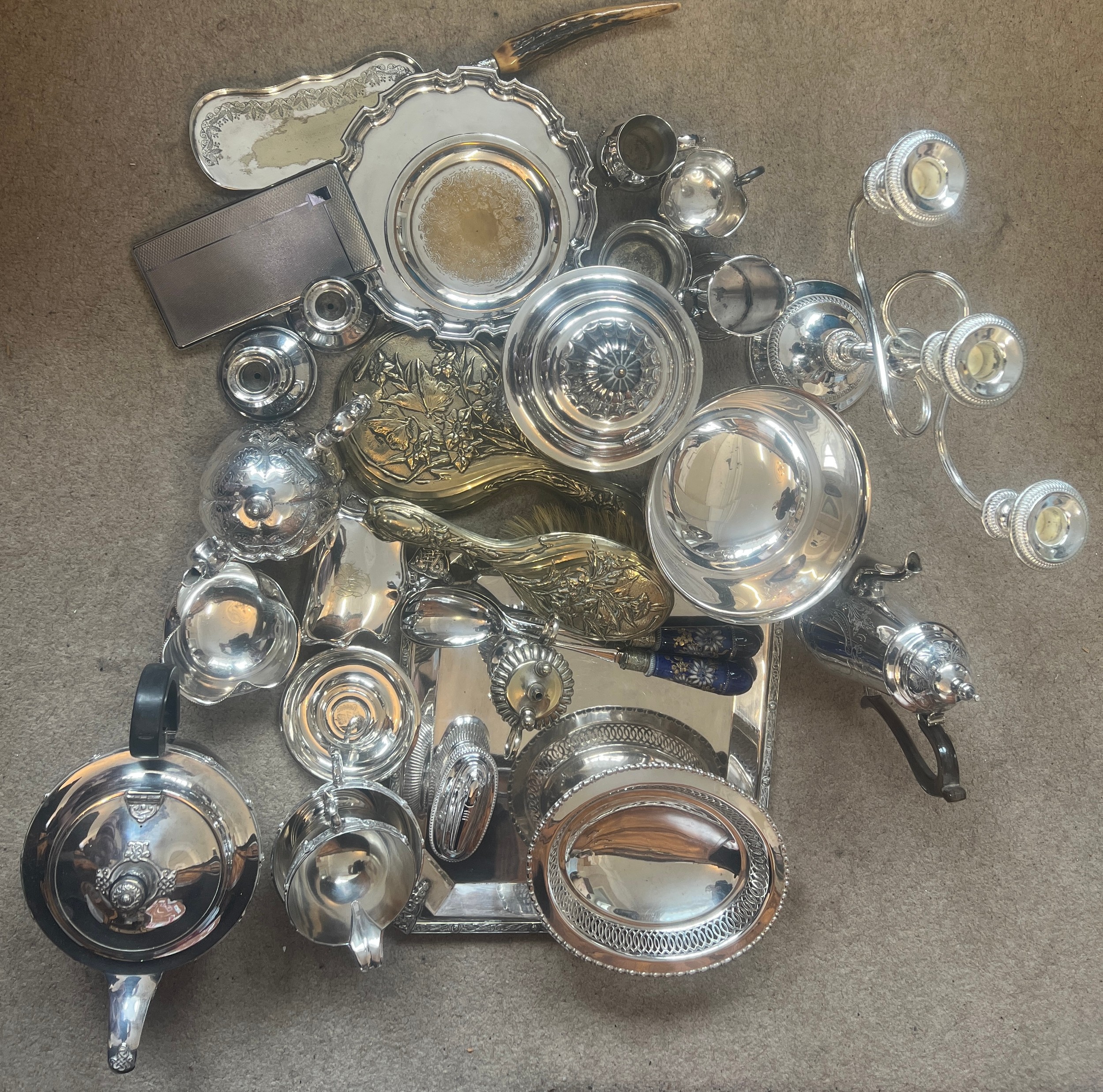 A large quantity of good quality 19th/20thC silver plated items to include trays, coffee pots,