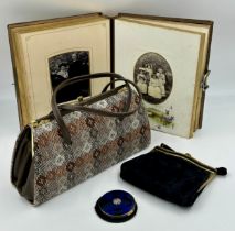 A miscellaneous lot to include a vintage Welsh wool handbag, black suede evening bag, Melissa
