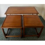 Nest of G Plan tables, one long and two nesting tables, gold markings to underside. 99cm w x 50cm