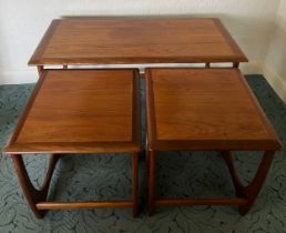 Nest of G Plan tables, one long and two nesting tables, gold markings to underside. 99cm w x 50cm