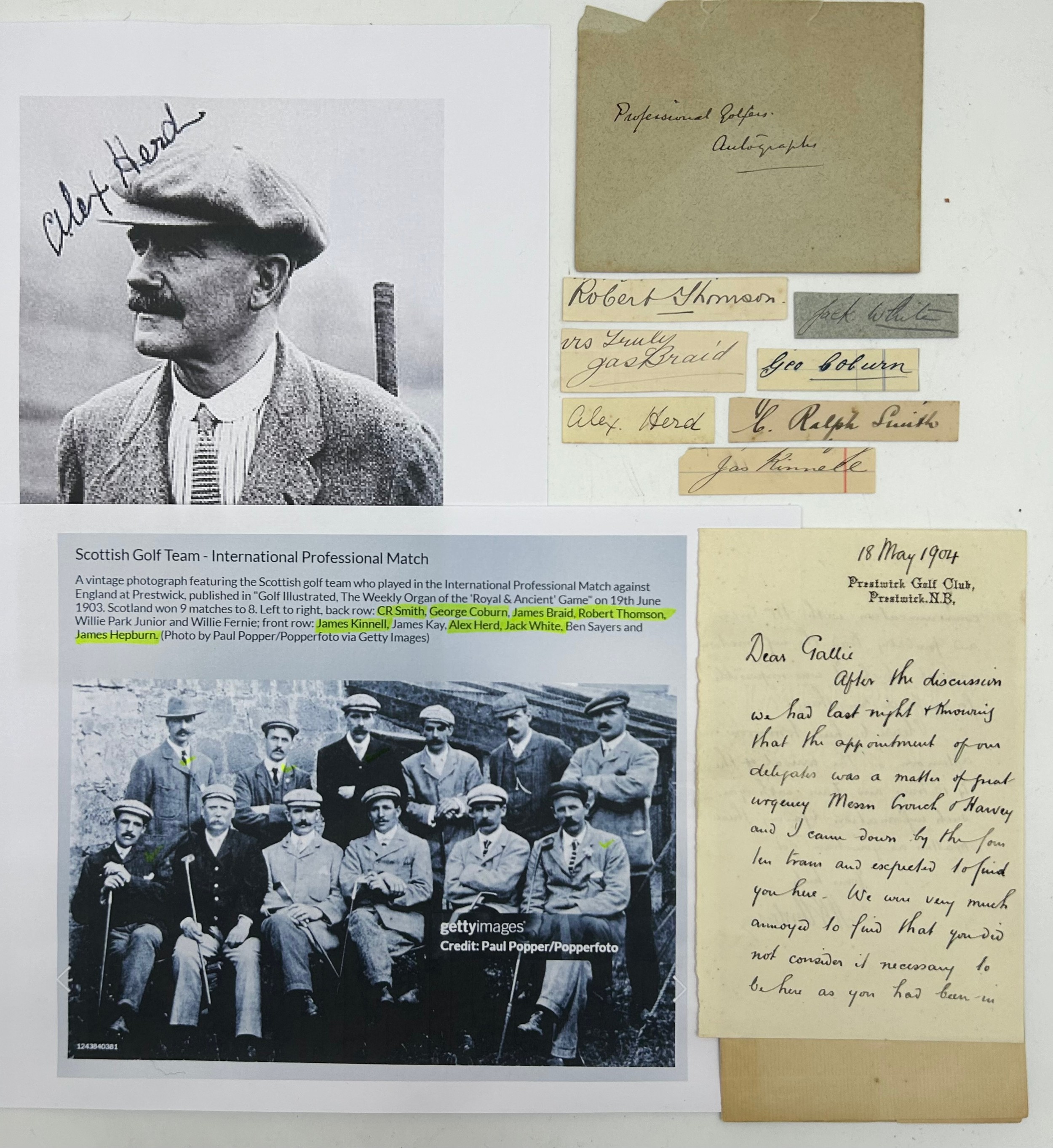 A Collection of Autographs and letters from The Scottish Golf Team 1903 match including C.Ralph
