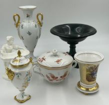 Selection of mixed 6 ceramics including Dresden vase with gilted swan handles measuring 27.5cm;