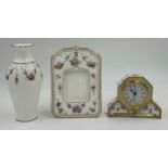 Royal Crown Derby 'Royal Antoinette' pattern miniature mantel clock 11cm h, picture frame 18cm h and