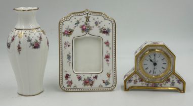 Royal Crown Derby 'Royal Antoinette' pattern miniature mantel clock 11cm h, picture frame 18cm h and