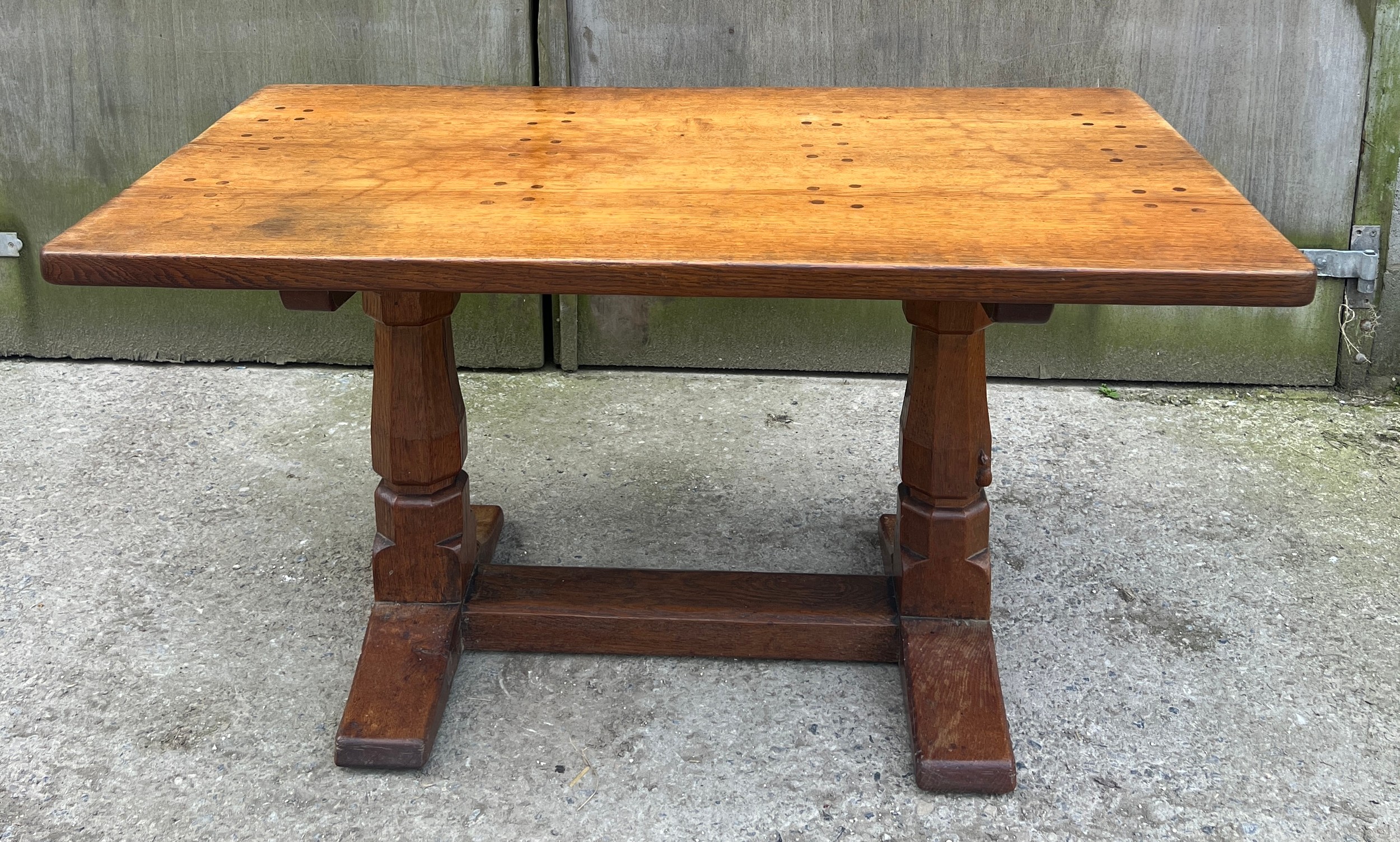 A Robert Thompson ‘Mouseman’ adzed oak dining table and six chairs given by Robert to his daughter - Image 6 of 44