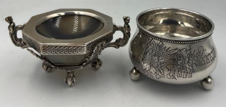 A hardstone bowl with decorative silver plated mounts together with a small bowl with floral