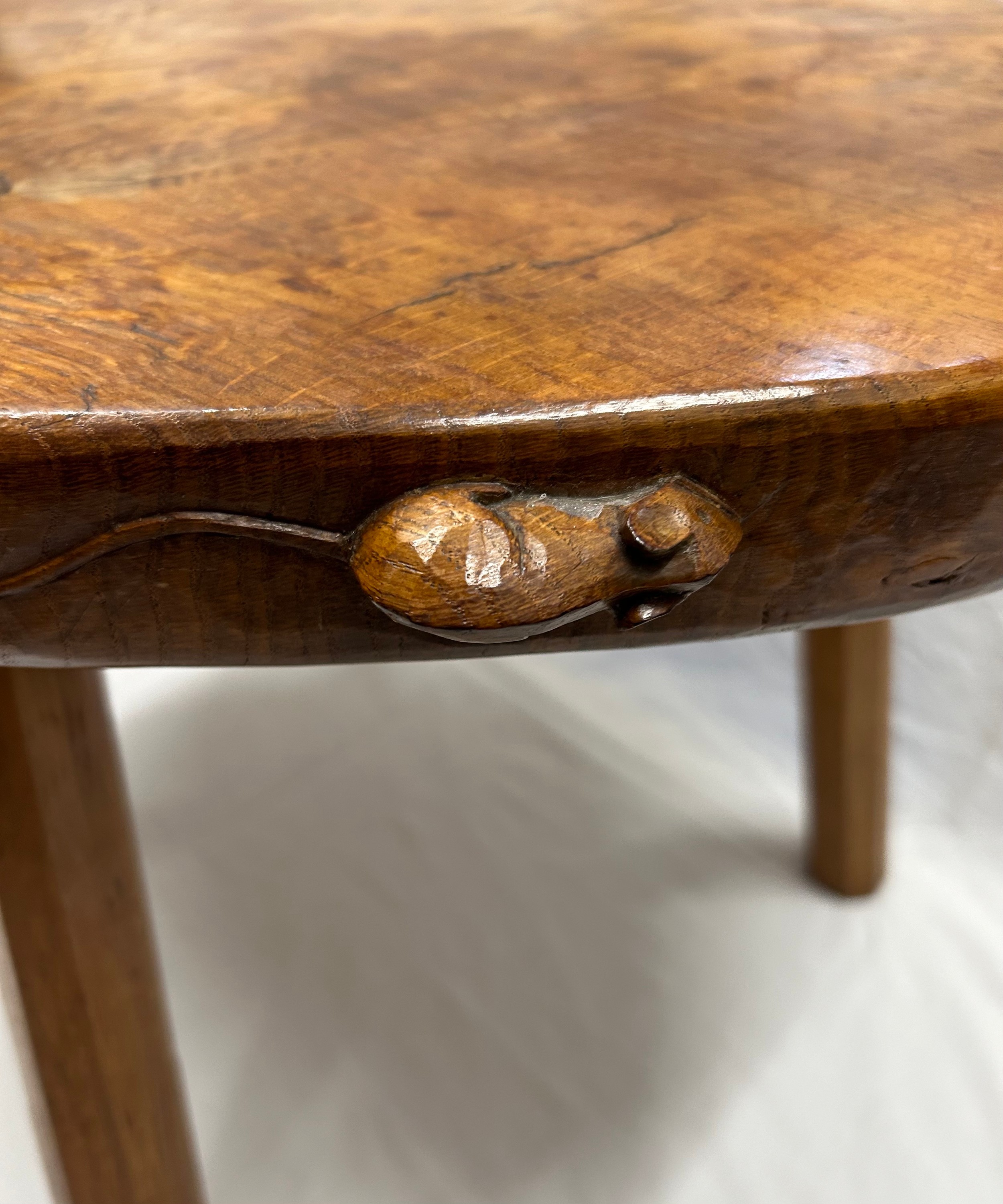 A Robert Thompson, ‘Mouseman’ kidney shaped burr oak table on four octagonal legs with signature - Image 4 of 29