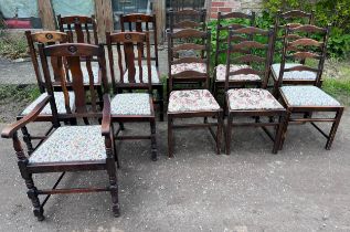 A set of six ladder backed dining chairs together with five oak dining chairs with drop in seats