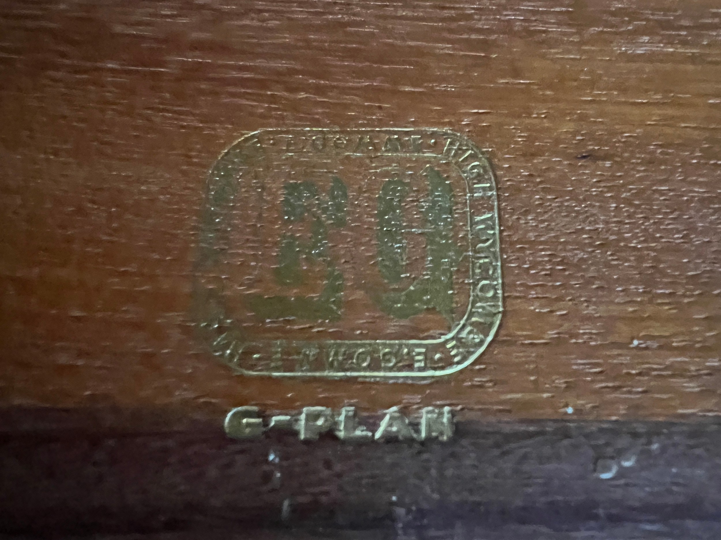 Nest of G Plan tables, one long and two nesting tables, gold markings to underside. 99cm w x 50cm - Image 4 of 5