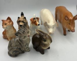 A collection of ceramic animals to include Beswick Jack Russell dog, Wallqueen pig, cat, Doulton