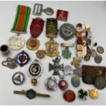 A collection of badges, medals, coins etc including hallmarked and silver Masonic, Boys Brigade,