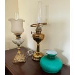 Two oil lamps, one converted to electric, both untested. Both have chimneys and shades. Oil lamp