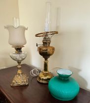 Two oil lamps, one converted to electric, both untested. Both have chimneys and shades. Oil lamp