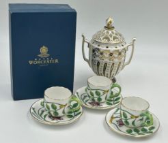 Three Royal Worcester 'Earl of Coventry' Blind Earl relief moulded teacups and saucers (1990),one
