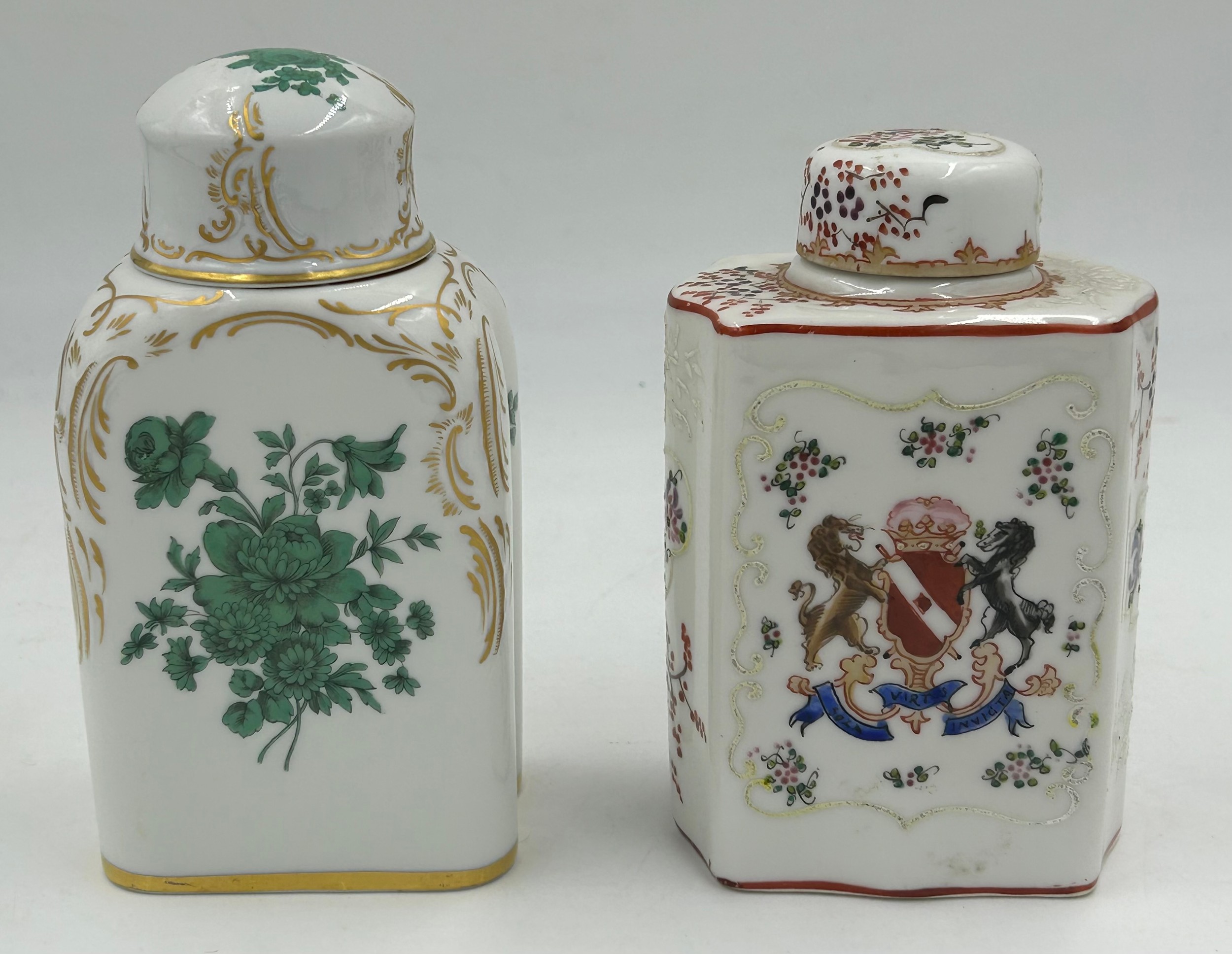 Two 19th century Porcelain Tea Caddies by Samson of Paris, one with armorial crest, one with