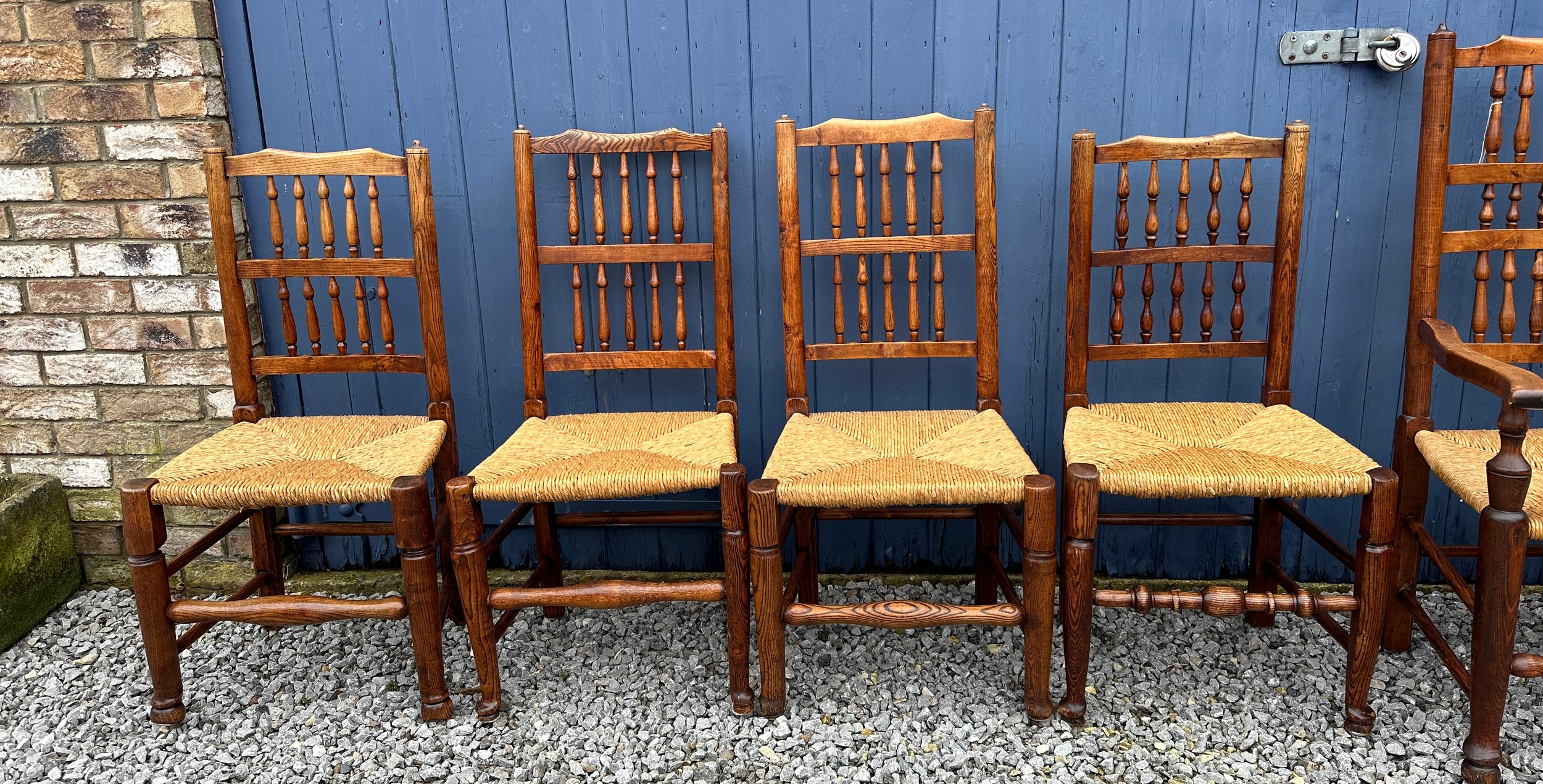 Six elm chairs, two carvers and four single, with rush seats. One carver approx. 110cm h x 59cm w ( - Bild 2 aus 8