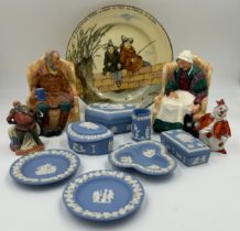 Various ceramics: Royal Doulton figurines, Uncle Ned HN 2094, Forty Winks HN 1974, Falstaff HN 3236,