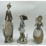Three Lladro figurines to include Girl with umbrella and geese 4510; Lady with umbrella and dog 4761