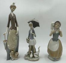 Three Lladro figurines to include Girl with umbrella and geese 4510; Lady with umbrella and dog 4761