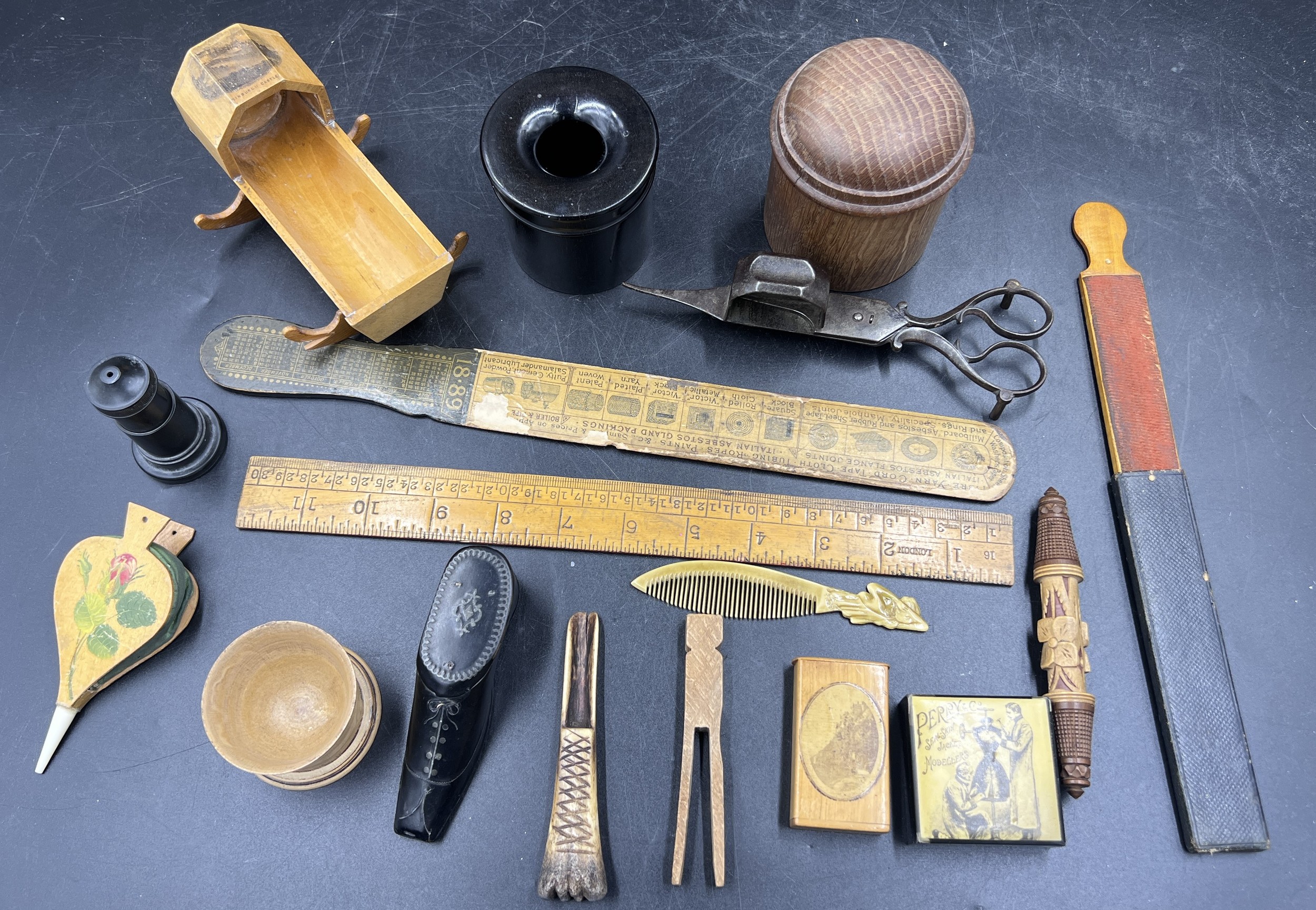 A miscellaneous lot to include Wooden Selby Abbey box, ebony hair saver, a papier-mâché match holder