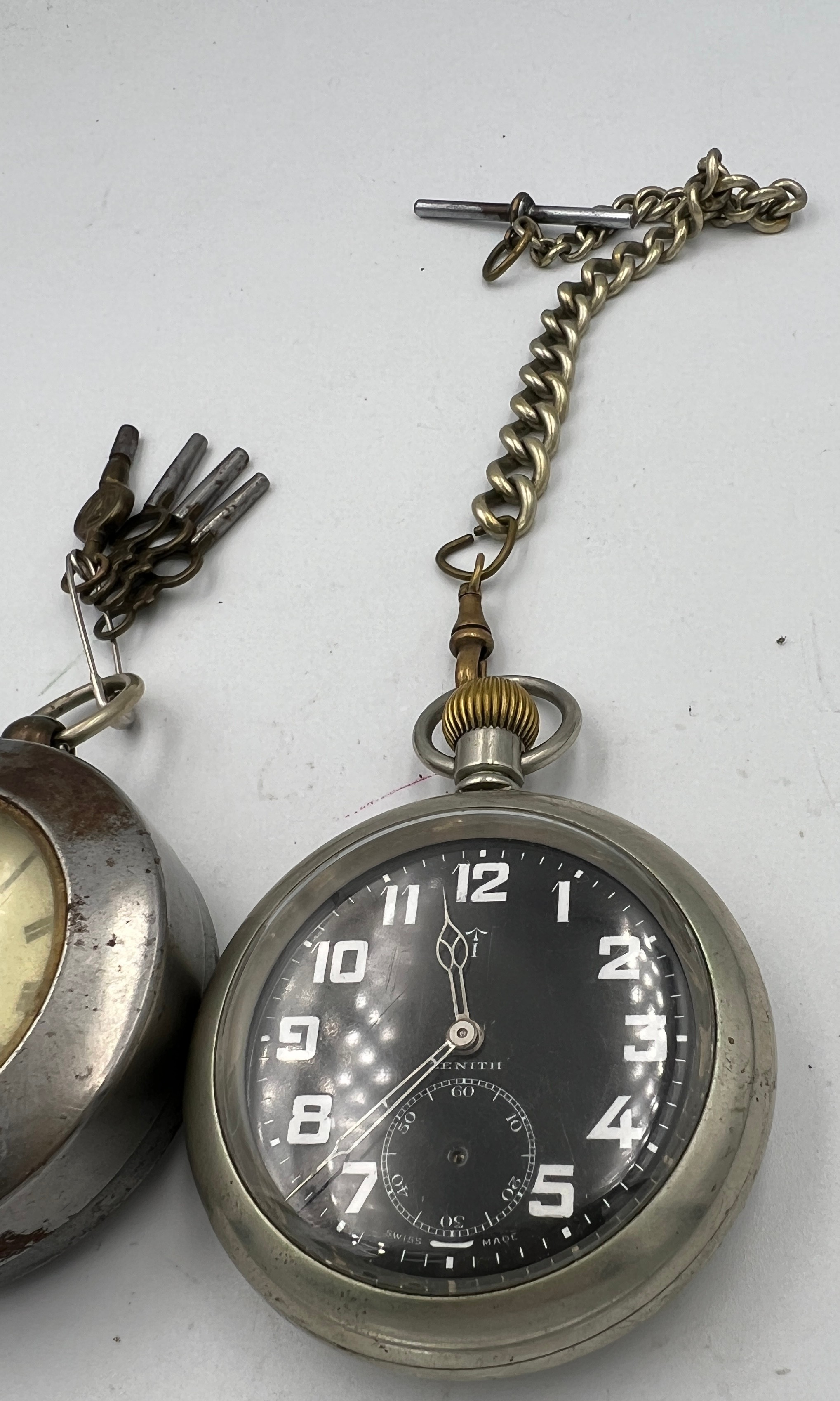 Two pocket watches to include military Zenith with chain and a metal cased watch. - Image 2 of 4