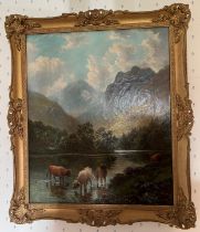 Oil on canvas Highland scene in gilt frame. Signed R. Jones lower left. 59cm x 49cm sight size.