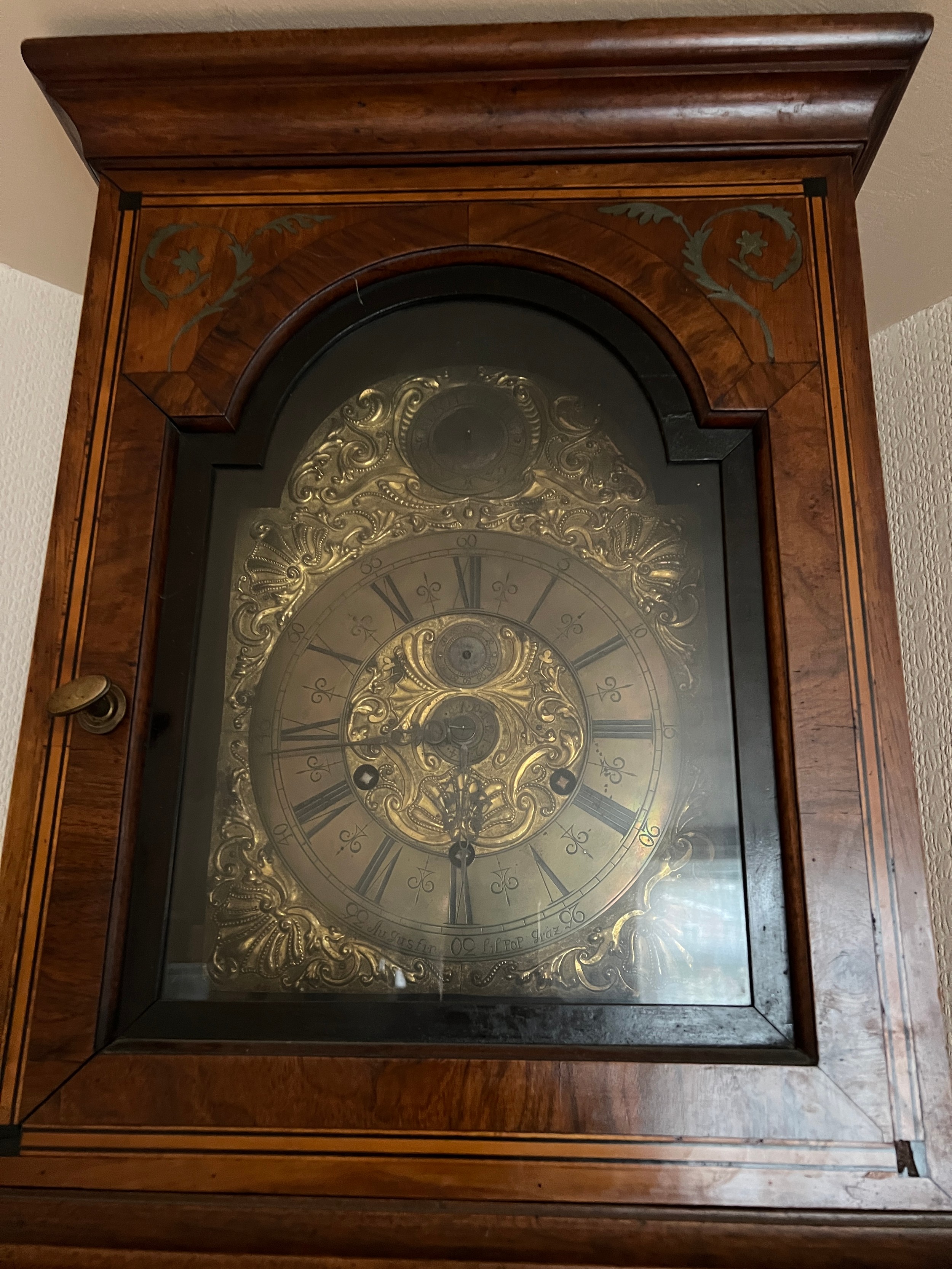 An 18thC inlaid Austrian long case clock with brass face. Augustin Lilpop -Graz. 45cm w x 29cm d x - Image 2 of 5