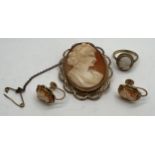 Shall cameo jewellery to include brooch in unmarked yellow metal with safety chain, pair of screw on