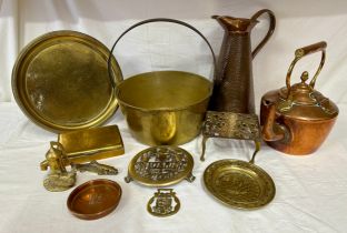 A variety of items to include copper kettle, jug 33cm h and heavy Royal Exchange Assurance dish made